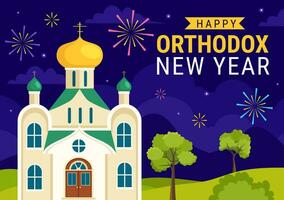 Happy Orthodox New Year Vector Illustration on 14 January with Church and Fireworks for Poster or Banner in Flat Cartoon Background Design