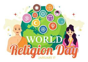 World Religion Day Vector Illustration on 17 January with Symbol Icons of Different Religions for Poster or Banner in Flat Cartoon Background