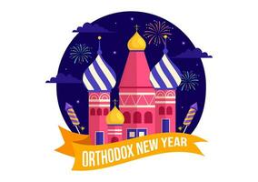 Happy Orthodox New Year Vector Illustration on 14 January with Church and Fireworks for Poster or Banner in Flat Cartoon Background Design