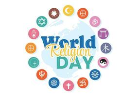 World Religion Day Vector Illustration on 17 January with Symbol Icons of Different Religions for Poster or Banner in Flat Cartoon Background