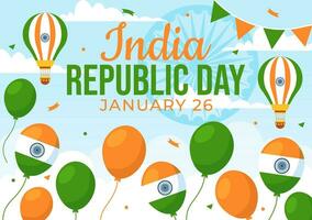 contento India república día vector ilustración en 26 enero con indio bandera y portón en fiesta nacional celebracion plano dibujos animados antecedentes diseño