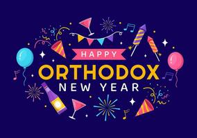 Happy Orthodox New Year Vector Illustration on 14 January with Church and Fireworks for Poster or Banner in Flat Cartoon Background Design