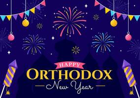 Happy Orthodox New Year Vector Illustration on 14 January with Church and Fireworks for Poster or Banner in Flat Cartoon Background Design