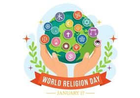 World Religion Day Vector Illustration on 17 January with Symbol Icons of Different Religions for Poster or Banner in Flat Cartoon Background