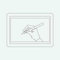 On a graphics tablet, hands draw. This is a cutting-edge device that allows you to write and draw on a touchscreen vector