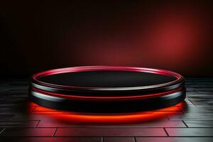 Ai Generated photo red light round podium and black background for mock up realistic image