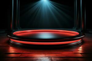 Ai Generated photo red light round podium and black background for mock up realistic image