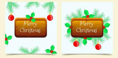 Merry Christmas card set with wooden signboard, mistletoe, fir branches and Christmas balls. vector