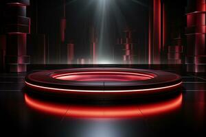 Ai Generated photo red light round podium and black background for mock up realistic image