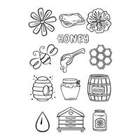 Outline, lines Set with honey, flowers and bees, vector illustration