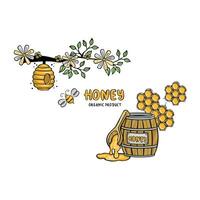 Postcard beehive with bees and barrel of honey, vector illustration