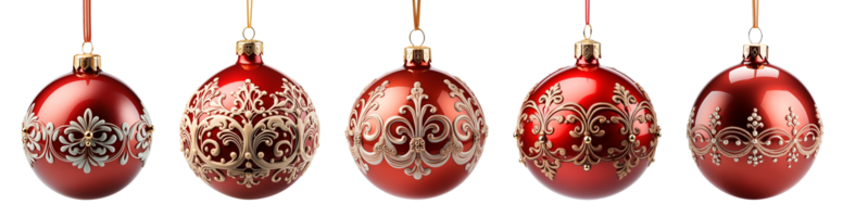 conjunto de hermosamente decorativo rojo Navidad árbol adornos aislado. generativo ai. transparente png. png