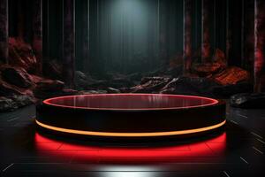 Ai Generated photo red light round podium and black background for mock up realistic image
