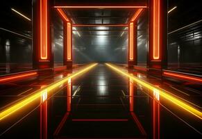 Ai Generative Yellow and red Neon illuminated futuristic backdrop realistic image- ultra hd- high design photo