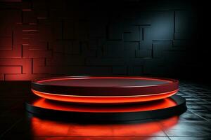 Ai Generated photo red light round podium and black background for mock up realistic image