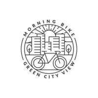 morning cycling in the city badge vector illustration. city and bicycle monoline or line art style. design can be for t-shirts, sticker, printing needs