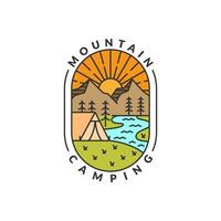 morning camp mountain badge vector illustration. mountain and tent monoline or line art style. design can be for T-shirts, sticker, printing needs