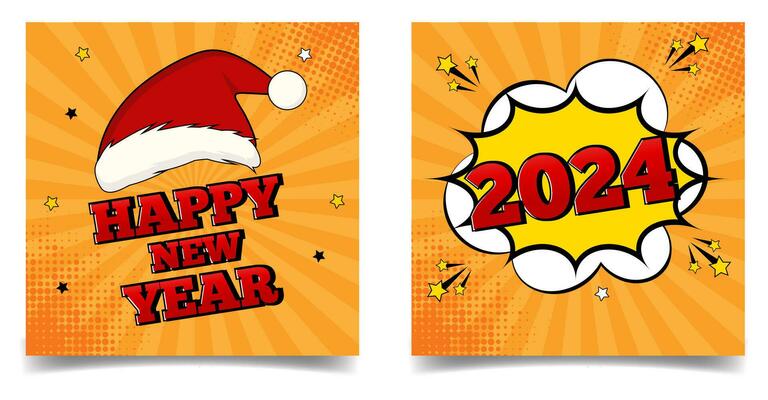 New year card set in retro comic style with Santa Claus hat.