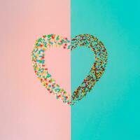 Creative heart made of sprinkles on pastel pink and blue background. Trendy love concept. Flat lay aesthetic. photo