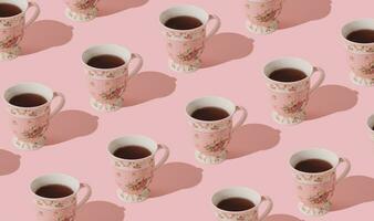 Trendy pattern made of pink cup of tea on pastel pink background. Creative tea concept. Minimal cup of tea pattern idea. photo