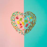 Trendy heart made of gummy candies and sprinkles on pastel pink and blue background. Creative minimal love concept. Flat lay aesthetic. photo