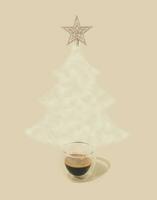 Christmas tree made of steaming coffee with silver star on the top against cream pastel background. Winter holiday concept. Minimal New Year background. Trendy Christmas idea. photo