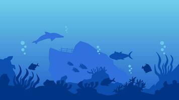 Underwater landscape vector illustration. Bottom sea landscape with fish, coral reef and shipwreck. Sea world silhouette for background, wallpaper or landing page. Deep sea landscape vector background