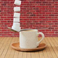 Creative composition made of cup of coffee, spoon and flying sugar cubes against red brick wall background. Minimal food and drink concept. Fancy coffee and sugar cubes layout. Coffee aesthetic idea. photo