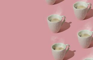 Trendy pattern made of steaming coffee on pastel pink background with copy space. Creative coffee concept. Minimal pattern background idea. Coffee aesthetic. photo