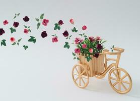 retro dorado bicicleta con flores volador en contra blanco antecedentes. creativo flor entrega concepto. mínimo volador flores idea con Copiar espacio. natural romántico tarjeta. foto