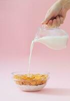 Creative composition with hand pouring milk into glass bowl full of healthy cornflakes against fancy pink background. Minimal breakfast food concept. Fancy breakfast cereal idea. Cornflakes aesthetic. photo