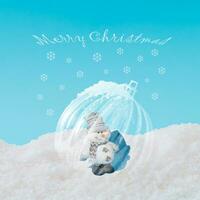 Creative layout made of Christmas bauble with snowman inside. Minimal Xmas background. Fancy Christmas or New Year concept. Trendy winter holiday idea. Christmas aesthetic background. photo