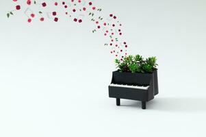 Creative composition of piano and musical notes made of various flowers on white background. Minimal musical instrument concept. Trendy piano and colorful flowers idea. Musical background aesthetic. photo