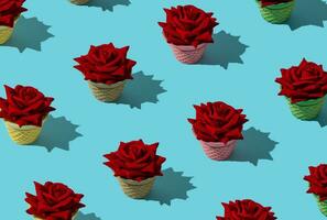 Creative pattern made of red roses in colorful ice cream cones on light blue background. Creative summer pattern concept. Minimal ice cream idea. Trendy red roses composition. photo