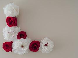 Creative layout made with red and white roses on bright background. Flat lay. Minimal concept. Flowers aesthetic. photo