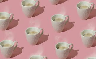 Trendy pattern made of steaming coffee on pastel pink background. Creative coffee concept. Minimal pattern background idea. Coffee aesthetic. photo