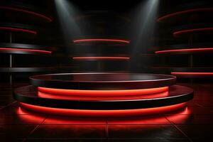 Ai Generated photo red light round podium and black background for mock up realistic image