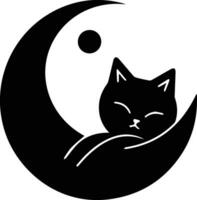 gato y Luna logo en plano línea Arte estilo vector