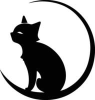 gato y Luna logo en plano línea Arte estilo vector