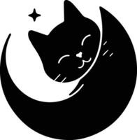 gato y Luna logo en plano línea Arte estilo vector