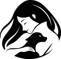 mujer y gato logo en animal clínica concepto en plano línea Arte estilo vector