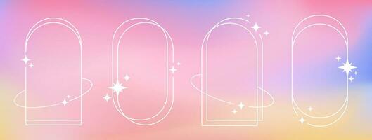 Retro thin white outline frames with stars on a gradient blurred background, liquid aura in Y2K aesthetic. Vector illustration.
