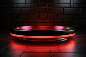 Ai Generated photo red light round podium and black background for mock up realistic image