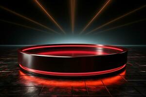 Ai Generated photo red light round podium and black background for mock up realistic image