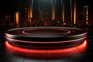 Ai Generated photo red light round podium and black background for mock up realistic image