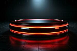 Ai Generated photo red light round podium and black background for mock up realistic image