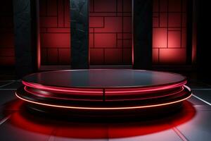 Ai Generated photo red light round podium and black background for mock up realistic image