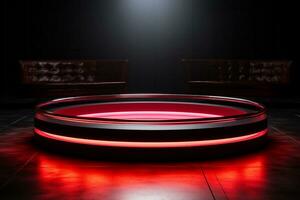 Ai Generated photo red light round podium and black background for mock up realistic image