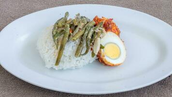 A plate of rice with egg balado and long bean sauce, chili sauce filled with eggs, anchovies and tofu. Served in a bowl on a gray background. Selected focus. photo