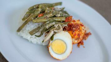 un plato de arroz con huevo balado y salsa de frijol largo, salsa chili relleno de huevos, anchoas y tofu. servido en un bol sobre un fondo gris. foco seleccionado. foto